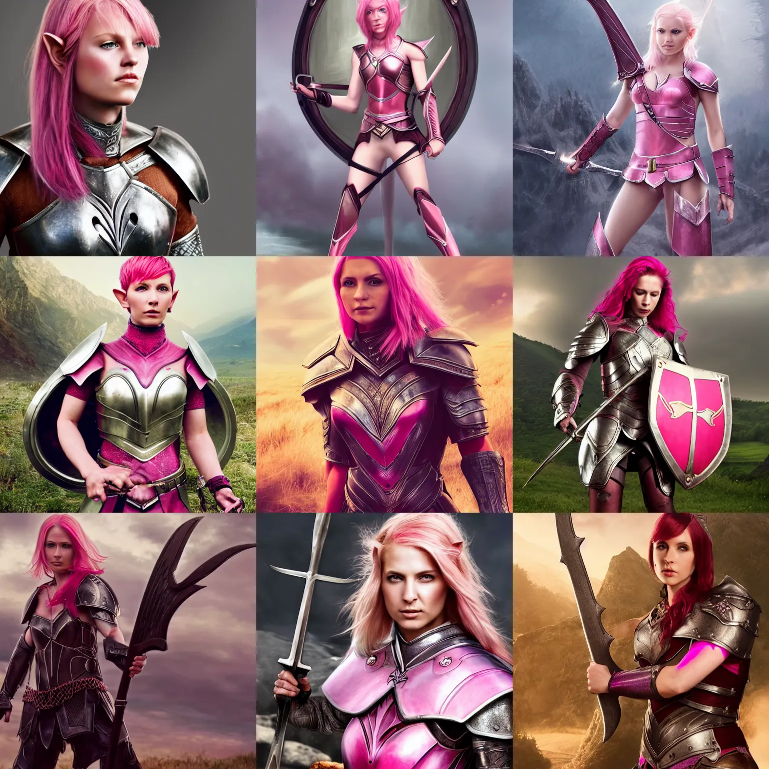 Prompt: beautiful pink short haired half elf woman with armor and a shield, hyper realistic, 4 k, unreal