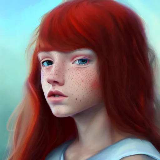 Image similar to portrait of a teen girl with freckles with long red hair and bright brown eyes, 8 k, highly detailed, digital painting, artstation, sharp focus, illustration