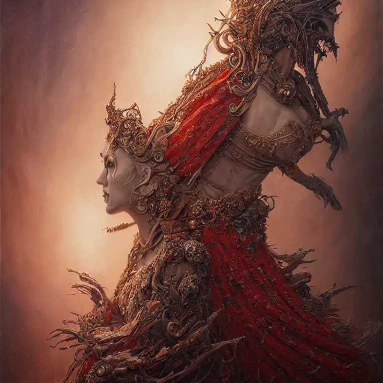 Image similar to a beautiful detailed 3d matte painting of female empress of the dead, by ellen jewett, by tomasz alen kopera, by Justin Gerard, ominous, magical realism, texture, intricate, ornate, royally decorated, skull, skeleton, whirling smoke, embers, red adornements, red torn fabric, radiant colors, fantasy, volumetric lighting, high details