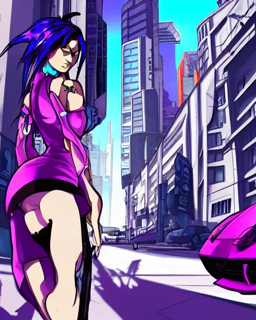 Image similar to cel shaded art of a pretty blue haired girl standing next to a purple lamborghinil, jet grind radio graphics, cyberpunk city street background