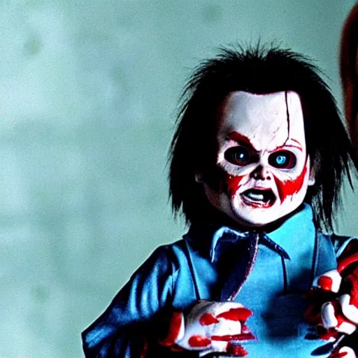 Prompt: Chucky the killer doll being held by Johnny Depp playing Charles Lee Ray