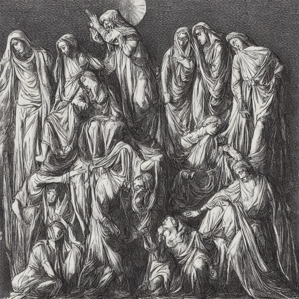 Image similar to a gustav dore etching of 3 maria's crying at the death of christ