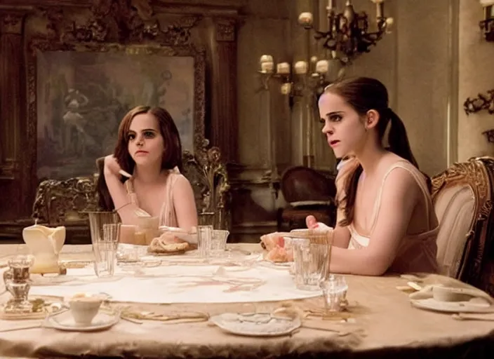 Image similar to movie still of a emma watson with a very big bust sitting at a table with katy perry, smooth white skin, directed by Guillermo Del Toro