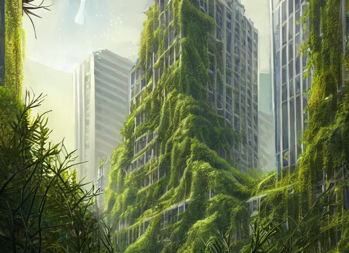 Image similar to overgrown foliage overtaking tall buildings, underwater environment, storefronts, coral, scenery, professional, award - winning, trending on artstation, detailed, realistic, beautiful, emotional, shiny, golden, picture