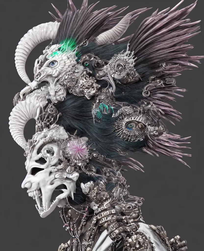 Image similar to 3 d goddess close - up profile portrait punk with mohawk with ram skull. beautiful intricately detailed japanese crow kitsune mask and clasical japanese kimono. betta fish, jellyfish phoenix, bio luminescent, plasma, ice, water, wind, creature, artwork by tooth wu and wlop and beeple and greg rutkowski