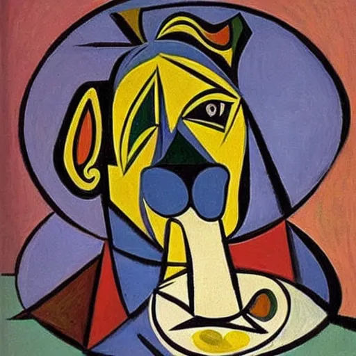 Prompt: pablo picasso style painting of a dog drinking it's last cup of water, defined dog shape