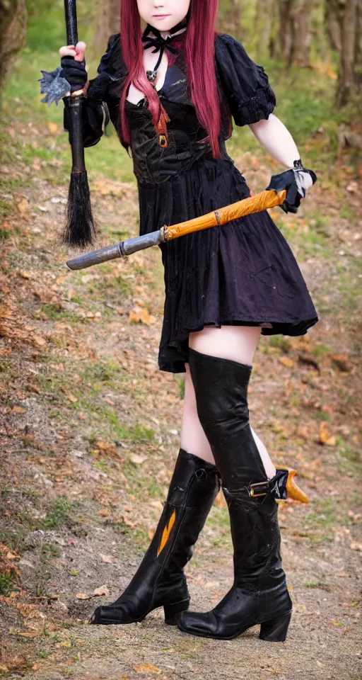 Image similar to young witch with magic wand and broom cosplay, she wears boots, full body shot, detailed face, photo taken by nikon, 4k, high quality, very detailed, intricant