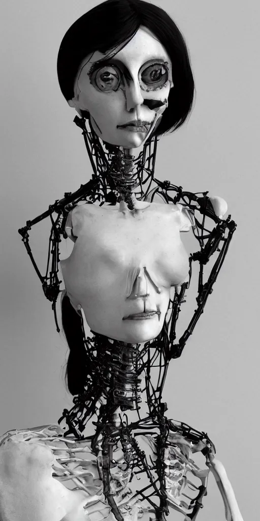 Image similar to black and white dreamy foggy smoky profile face portrait, single skeletal biomechanical beautiful young female cyclops - cyborg - robot bust, body ribs meshes,, volumetric light, rim light, by dora maar and cecile beaton, big gothic fashion pearl embroidered collar, 8 k