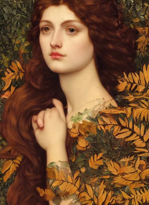 Image similar to masterpiece beautiful seductive flowing curves preraphaelite face portrait amongst leaves, extreme close up shot, straight bangs, thick set features, yellow ochre ornate medieval dress, raven, laying amongst foliage mushroom forest circle arch, frederic leighton and kilian eng and rosetti, 4 k