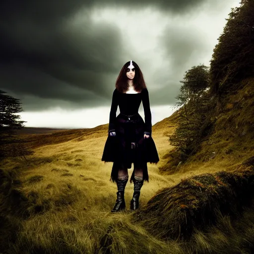 Image similar to photographic portrait of a stunningly beautiful female scottish highlands witch dark moody clouds, contemporary fashion shoot, by edward robert hughes, annie leibovitz and steve mccurry, david lazar, jimmy nelsson, breathtaking, 8 k resolution, extremely detailed, establishing shot, artistic, hyperrealistic, perfect face, octane render