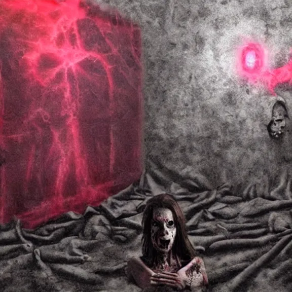 Image similar to a photograph by the best realistic horror movie artist, insanity girl summon her death, cinematic, horror details, horrorcore, silent decay coloring, vortex portal banish the elders, die and suffer, psychonaut universe, smoke pit nebulas, the scary empty liminal spaces, conjure devils