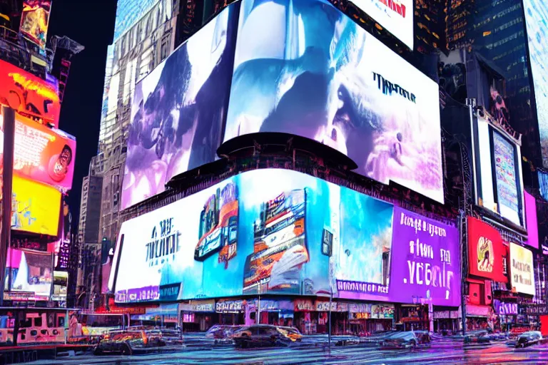 Prompt: a billboard on times square at night, screen show concert poster, band name is tripmachine, on the screen is a 3 d render of a huge futuristic steampunk generator, wet street, realistic digital art, 8 k, fluorescent colors, halluzinogenic, multicolored, exaggerated detailed, unreal engine, 8 0 mm