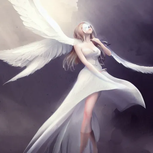 Prompt: a concept art drawing of a beautiful female angle in a white dress on a dark steamy background, spreading her wings, symmetry features, soft painting, volumetric light, fog, fantasy background, artstation, detailed, award winning