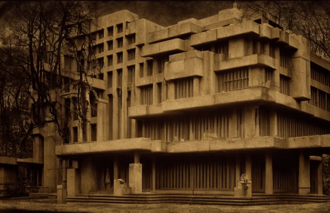 Prompt: symbolic intact flawless ambrotype from 4 k criterion collection remastered cinematography gory horror film, ominous lighting, evil theme wow photo realistic postprocessing prussian film wanders in disconsolate disarray grand in effect and erudite in detail building by frank lloyd wright