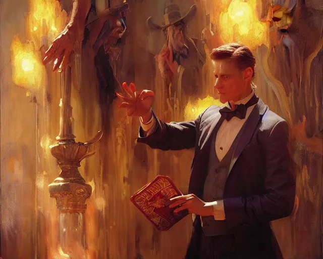 Prompt: attractive magician man, casting impossible magic. highly detailed painting by gaston bussiere, craig mullins, j. c. leyendecker 8 k