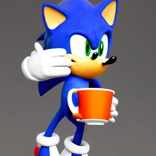 Image similar to 3d render of Sonic drinking a cup of tea, trending on artstation, blender, octane render