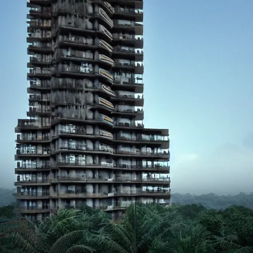 Prompt: A brutalist tower in the middle of a tropical jungle, blue hour, by Jan Morek and Shiromio Srudio, octane render, ArchViz, 4k, detailed