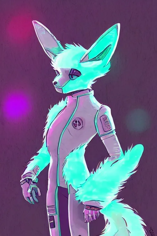 Image similar to a cyberpunk anthropomorphic fox with a fluffy tail, comic art, trending on furaffinity, cartoon, kawaii, backlighting, furry art!!!, neon, concept art