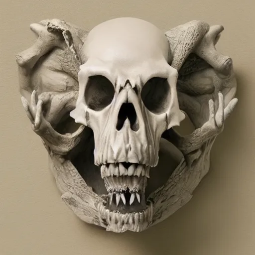 Prompt: gothic sculpture of gargoyle skull, with decorative floret design surrounding, deep texture, intense detail, hyperealism, 4 k