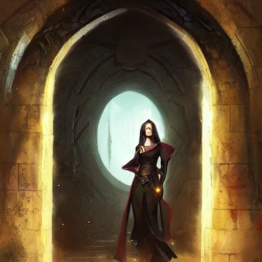 Prompt: A female tiefling sorcerer, stepping through a magical portal showing another dimension, into a palace courtyard, dramatic lighting, fantasy art by Greg Rutkowski