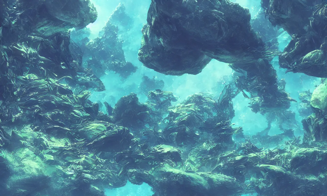 Prompt: Alien world underwater on the ocean bed, deep blue water color, cinematic perspective, slight green plant life around, matte painting, Artstation