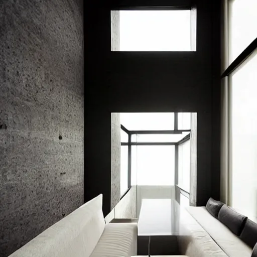 Prompt: “extravagant luxury city apartment interior design, by Tadao Ando, modern rustic, black walls”