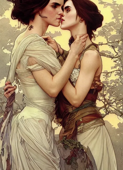 Image similar to megan fox kissing emma watson. beautiful detailed face. by artgerm and greg rutkowski and alphonse mucha