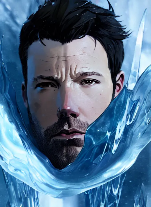 Image similar to character design by james jean, jakub rebelka, tran nguyen, yoann lossel, wadim kashin ( ( ( portrait of ben affleck as ice man from xmen ) ) ) emerging from a frozen icicle portal, sharp edges. ultra clear detailed. 8 k. ultra detailed, majestic, intricate