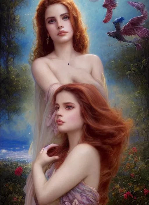 Prompt: Lana Del Rey glancing, Lilia Alvarado, Sophie Anderson, Mark Arian, Bob Byerley, Charlie Bowater, Mark Brooks, Steve Henderson, Justin Gerard, Arthur Hughes, Edward Robert Hughes, Mark Keathley, Victor Nizovtsev, Carlos Shwabe, Ross Tran, WLOP