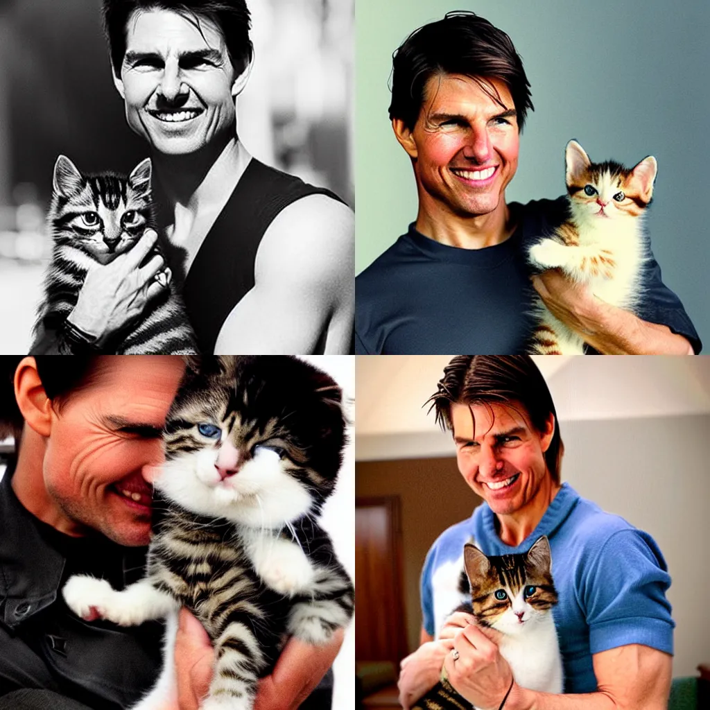 Prompt: Tom Cruise holding a cute kitten, photorealistic