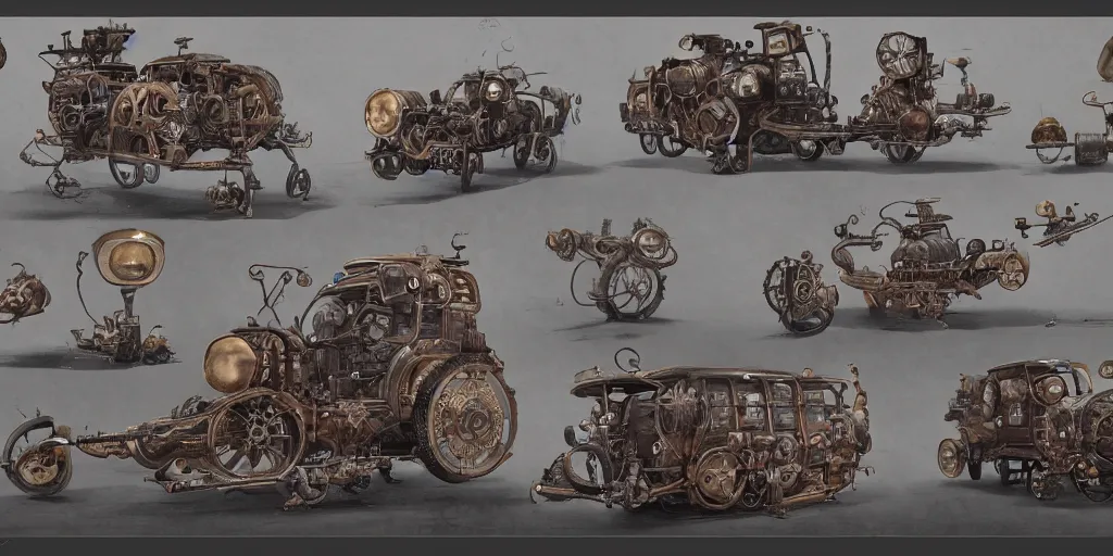 Image similar to steampunk vehicle design, character sheet, Moebius, Greg Rutkowski, Zabrocki, Karlkka, Jayison Devadas, Phuoc Quan, trending on Artstation, 8K, ultra wide angle, zenith view, pincushion lens effect