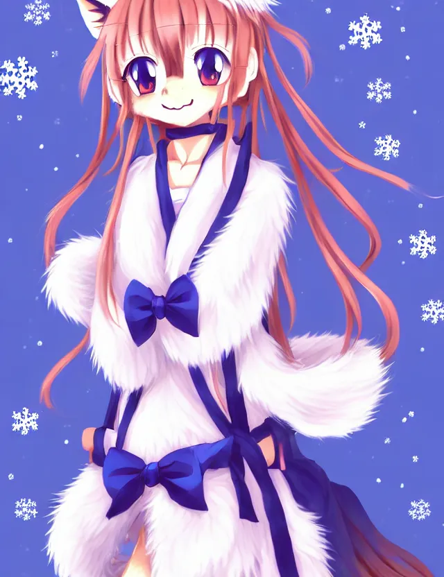 Prompt: a cute anthropomorphic rare type of fox girl anthro wearing indigo ribbons and a fluffy robe, winter park background, very anime!!! kawaii!! furry!! intricate details, aesthetically complementary colors, scenic background, art by rising artists with a radically new style. trending on artstation, top rated on pixiv and furaffinity