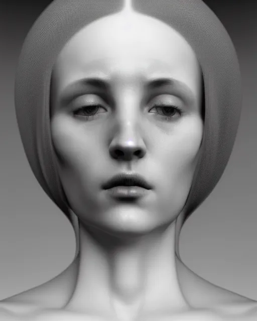 Image similar to dreamy, monochrome, subsurface scattering, white, cyborg goddess in cosmos, black and white, octane render, dino valls, virgil finlay, mark ryden, highly detailed, rim light, art, cinematic lighting, very coherent, hyper realism, 8 k