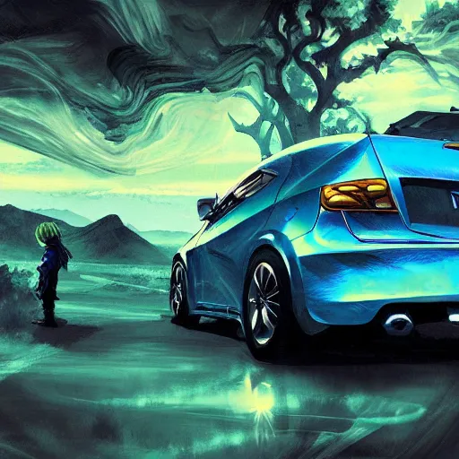 Prompt: blue knight in a green hatchback car, close up, anime, desert landscape, greg manchess, akehiko inoue and ross tran, Pyromallis Nekro Rene Margitte