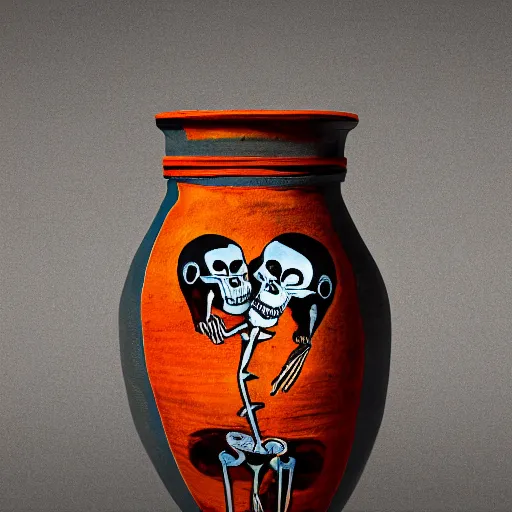 Image similar to skeletons running painted on a roman jar, abstract, orange theme, 8k resolution, sodium light