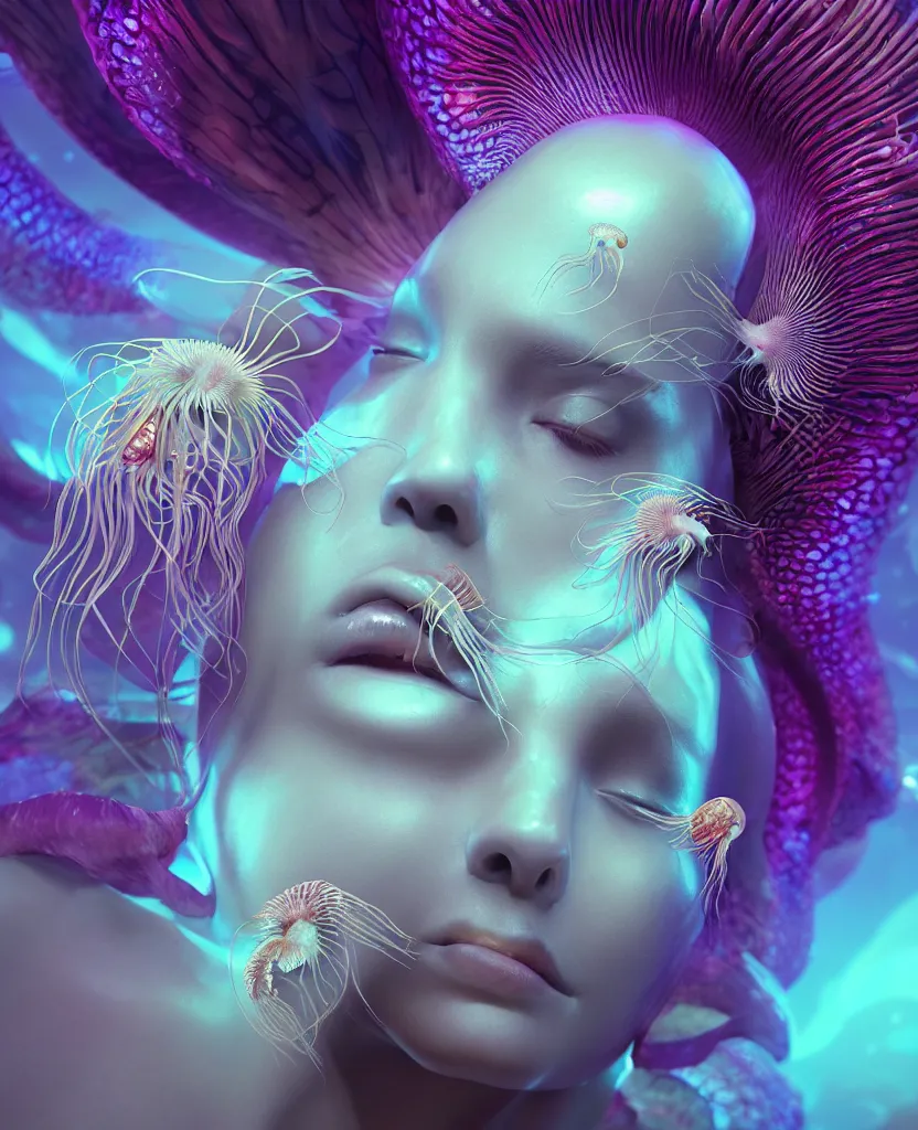 Image similar to goddess close-up portrait. orchid jellyfish phoenix head, nautilus, skull, betta fish, bioluminiscent creatures, intricate artwork by Tooth Wu and wlop and beeple. octane render, trending on artstation, greg rutkowski very coherent symmetrical artwork. cinematic, hyper realism, high detail, octane render, 8k