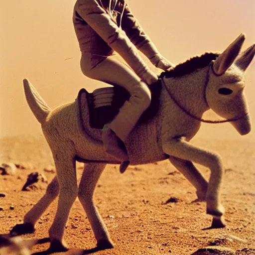 Prompt: photo of princess diana riding a donkey on mars, high resolution, 3 5 mm lens