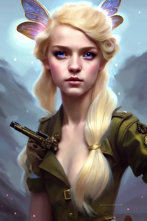 Image similar to cinematic shot of an epic portrait of a cute blonde fairy dressed in military clothes, stylised military clothes, shiny skin, beautiful eyes, beautiful, small details, night setting, realistic poster with volumetric light from craig mallism, artgerm, jeremy lipkin and michael garmash, unreal engine, radiant light, digital art, trends at art station, a masterpiece