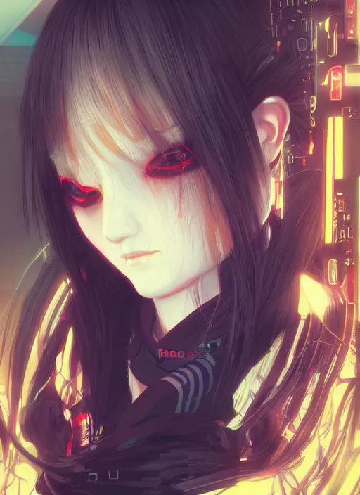 Image similar to portrait Anime girl cyberpunk, cute-fine-face, white-hair pretty face, realistic shaded Perfect face, fine details. Anime, cyberpunk. realistic shaded lighting by Ilya Kuvshinov and Gustav Klimt