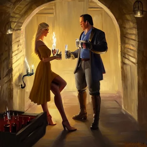 Image similar to blonde woman and Jango Fett drinking beer in a cellar, romantic, cozy, inviting, love, torches, painting by Vladimir Volegov