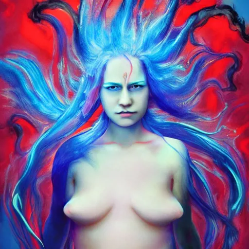 Image similar to portrait of young girl half dragon half human, dragon girl, dragon skin, dragon eyes, dragon crown, blue hair, long hair, surrounded of blue fire flowing, By David Lynch