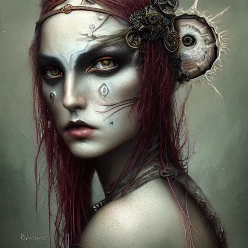 Image similar to curiosities soft paint of a single beautiful warrior in full gothic armor, stunning photorealist eyes, symmetry accurate features, eyeballs, vegetation tentacles, dense volumetric fog, focus, very intricate ultrafine details, gloomy colors, award winning masterpiece, tom bagshaw artstyle