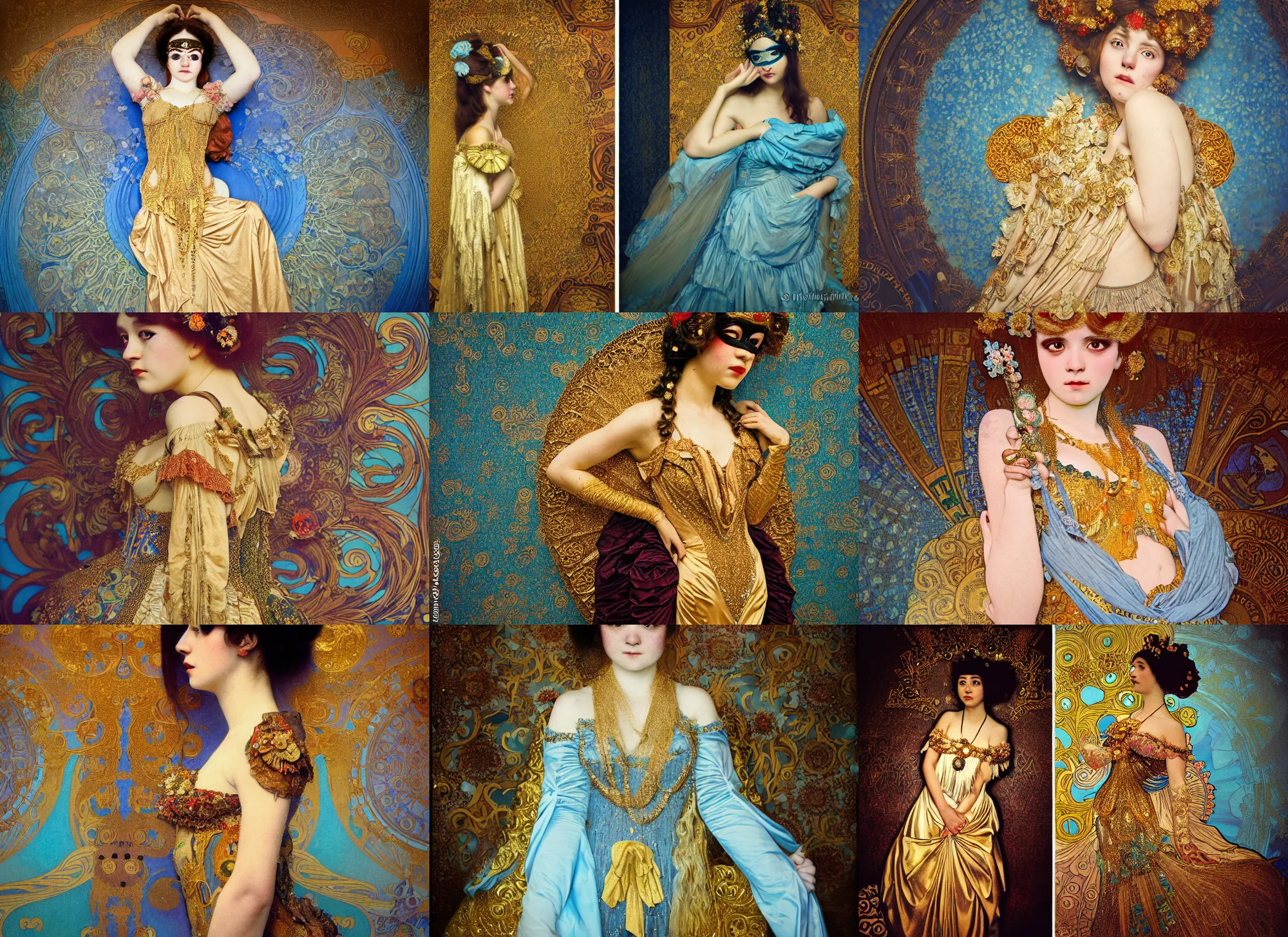 Prompt: lomography, full body portrait photo of a young woman in crowded wide ballroom hall masquerade party, wearing an ornate dress by alphonse mucha andgustav klimt, yoshitaka amano, moody, realistic, dark, skin tinted a warm tone, light blue filter, hdr, cinematic, rounded eyes,, detailed facial features