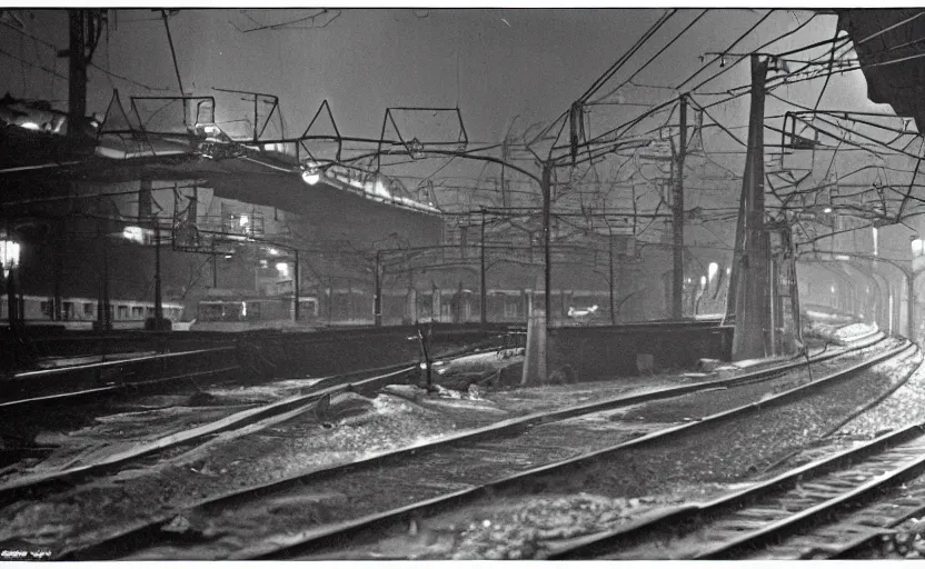 Image similar to old photo from 1 9 5 9. very large giant mutant antropomorphic rat staying on railways in round tonnel of moscow metropolitan. extreme high detail. low light, scary atmosphere, darkness