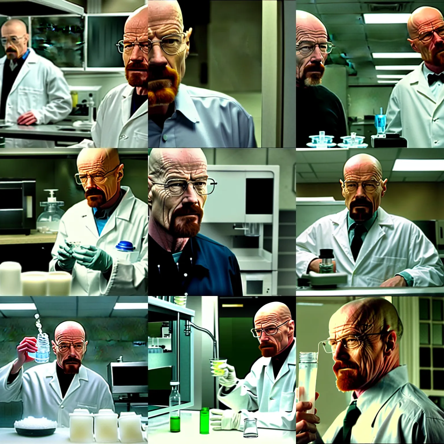 Prompt: movie still walter white from braking bad in lab cote eating water ice