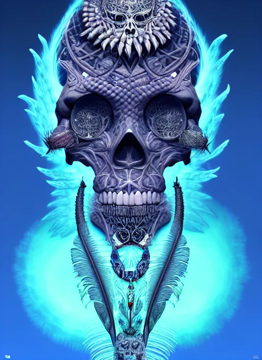 Prompt: 3 d shaman with tattoos profile portrait, sigma 5 0 0 mm f / 5. beautiful intricate highly detailed quetzalcoatl skull and feathers. bioluminescent, plasma, frost, water, wind, creature, gradient background, thunderstorm! artwork by tooth wu and wlop and beeple and greg rutkowski, 8 k trending on artstation,