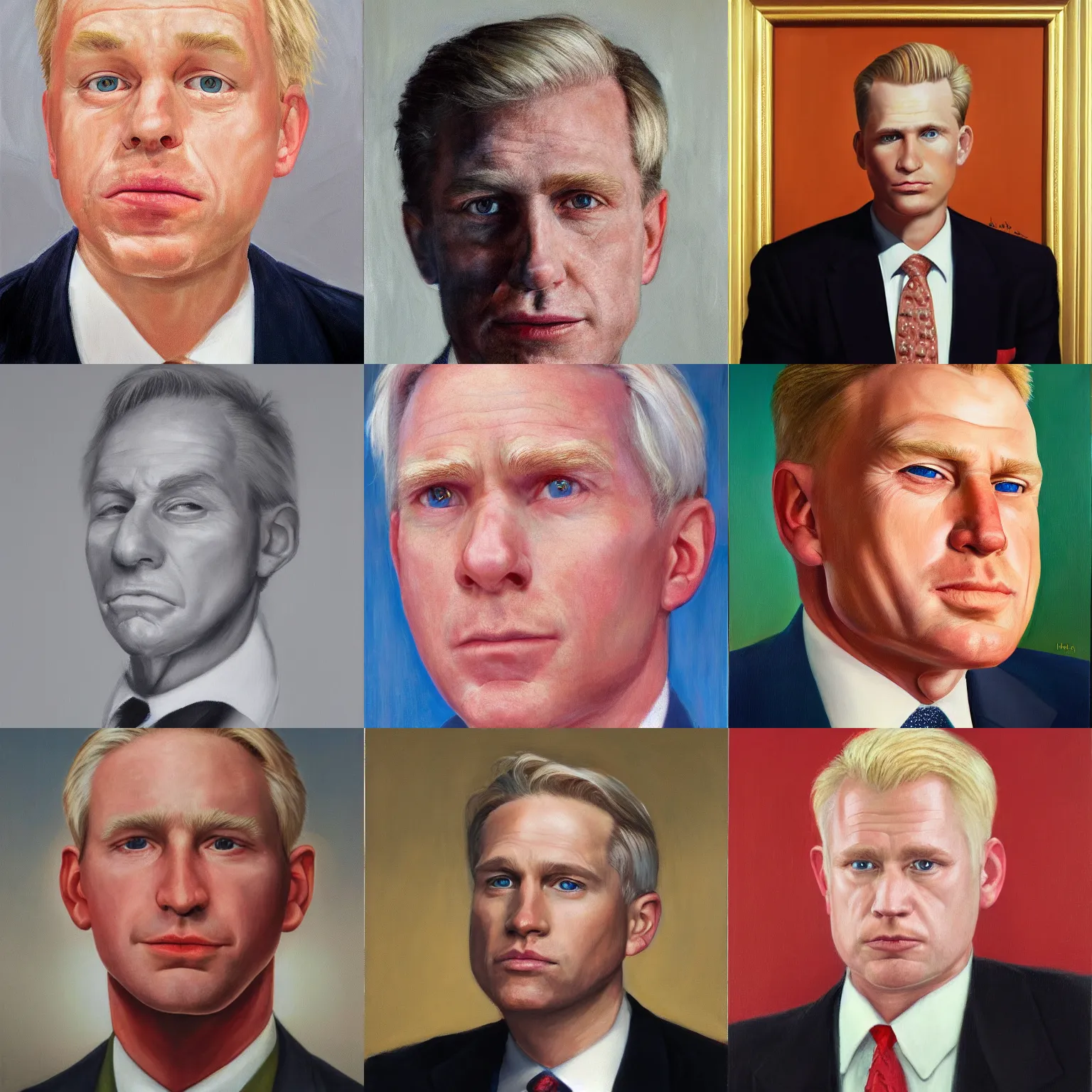 Prompt: official portrait of the united states president, 1994. He is a 35 year old white man from Vermont with blond hair and a scar on his cheek, hyperrealist oil on canvas, trending on artstation