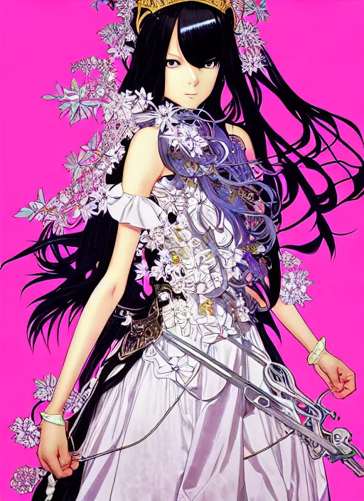 Prompt: highly detailed terada katsuya artstation minaba hideo fantastic fate shigenori soejima manga poster of princess mechine, long hair, armor, dress, laces, ruffles, 8 k, fluorescent, maximalist, jump comics, tomer hanuka, alphonse mucha