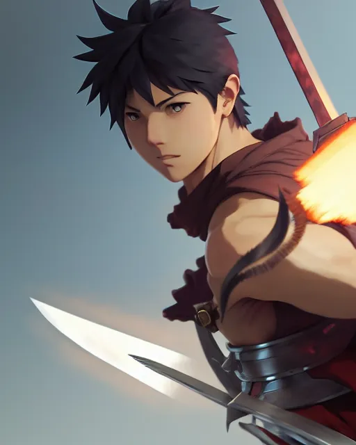 Prompt: strong warrior with a greatsword, dramatic pose, square masculine facial features, short messy hair, intimidating appearance, 3 d octane render, unreal engine 5, ultra high detail, glow, atmosphere, trending on pixiv fanbox, by greg rutkowski makoto shinkai takashi takeuchi studio ghibli, akihiko yoshida