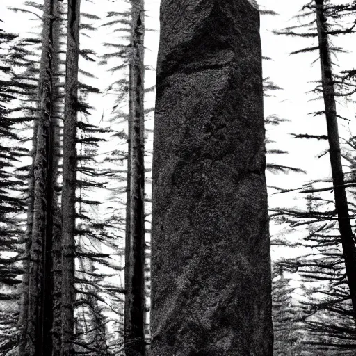 Image similar to a monolithic granite pillar in the boreal forest. overcast sky, grainy.